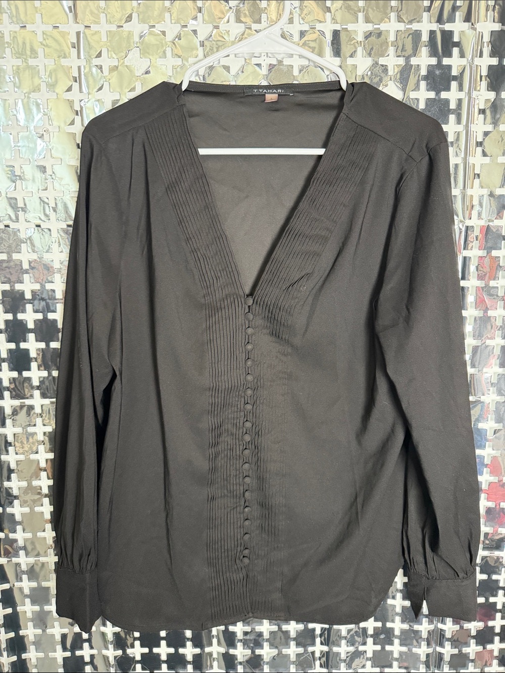 Tahari Black V-Neck Pintuck Button-Front Blouse
